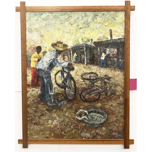 83 - PETROS MWENGA (1985 Zimbabwe), 'Street Scene with Figure', oil on board, 80cm x 59cm, signed, framed... 