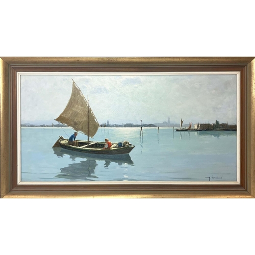 86 - GIOVANNI MANNINO, 'Venice fishermen on the lagoon', oil on canvas, 49cm x 100cm, signed and framed, ... 