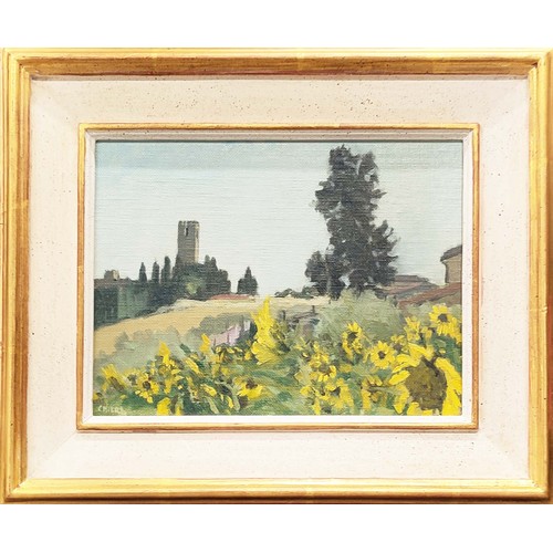 61 - CHRISTOPHER MIERS, RBA (B1941), 'Sunflowers, Tuscany', oil on board, 150cm x 20.5cm, signed, label v... 