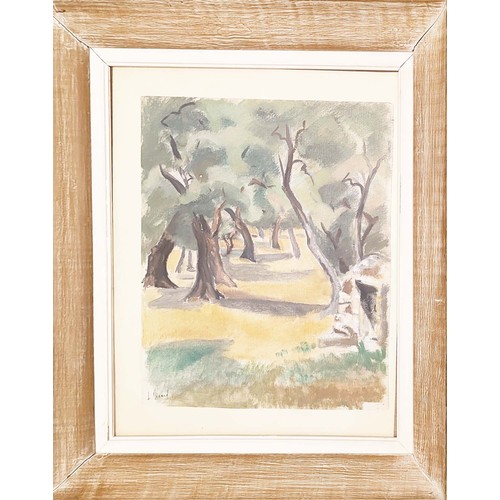 71 - GABRIELLE RICHARD-CORDINGLEY (born 1924), 'Olive Trees', oil on paper, 45cm x 38cm.