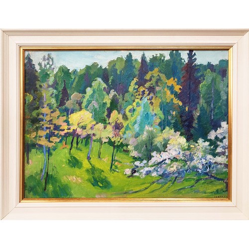 76 - VIKTOR TEMPLIN (1920-1994),'Blossoming Woods' 1964, oil on board, 50cm x 67cm, Provenance: Christie'... 