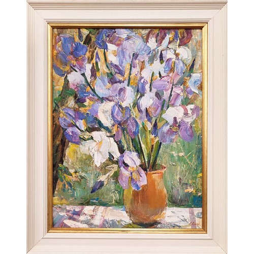 78 - LARISA POLYAKOVA (21st century), 'Irises', 2005, oil on canvas, 55cm x 41.5cm.