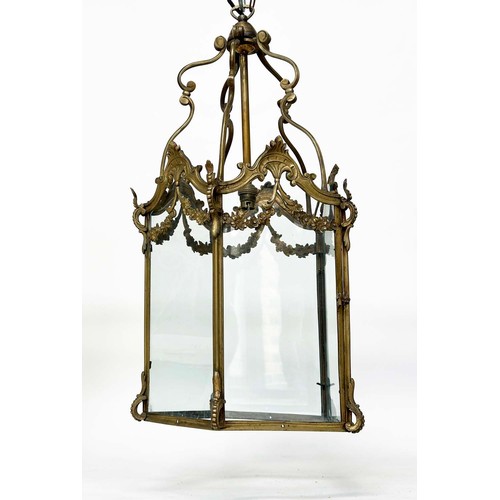 175 - HALL LANTERN, Georgian style gilt metal with glass panels and hinged door, 36cm W x 67cm H.