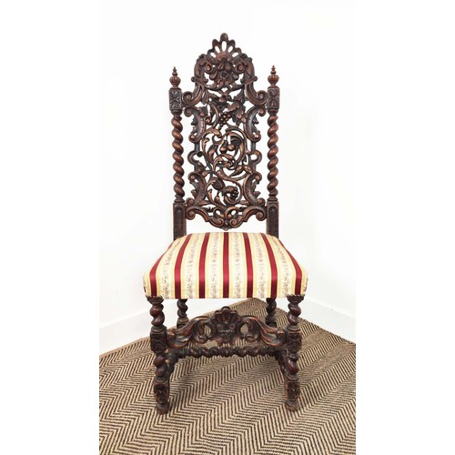 484 - DINING CHAIRS, a set of four, late 19th century Carolean style oak with carved backs and striped sea... 