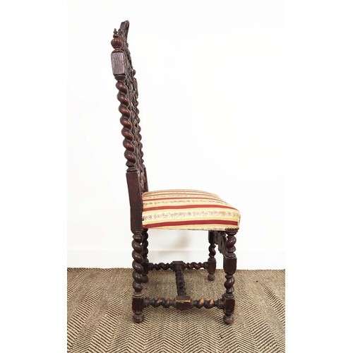 484 - DINING CHAIRS, a set of four, late 19th century Carolean style oak with carved backs and striped sea... 