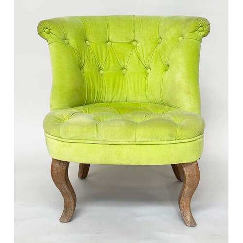 186 - SLIPPER CHAIR, Edwardian style buttoned lime green velvet upholstery and shaped supports, 68cm W.