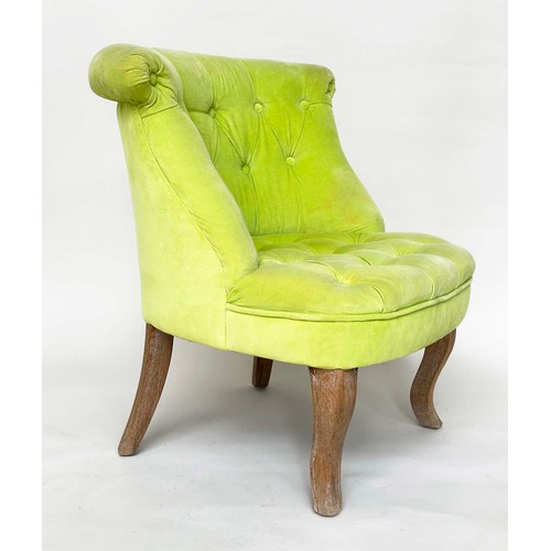 186 - SLIPPER CHAIR, Edwardian style buttoned lime green velvet upholstery and shaped supports, 68cm W.