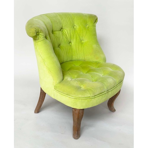 186 - SLIPPER CHAIR, Edwardian style buttoned lime green velvet upholstery and shaped supports, 68cm W.