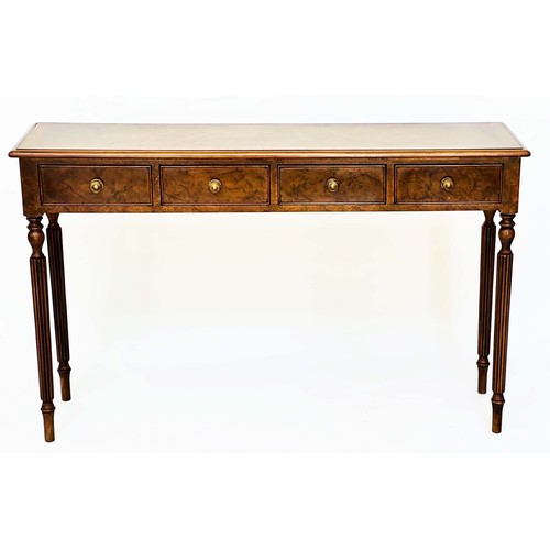 202 - HALL TABLE, George III design burr walnut and crossbanded with four frieze drawers and turned suppor... 