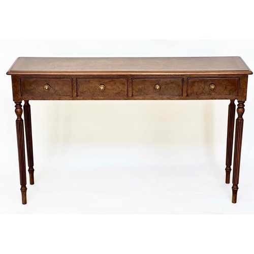 202 - HALL TABLE, George III design burr walnut and crossbanded with four frieze drawers and turned suppor... 