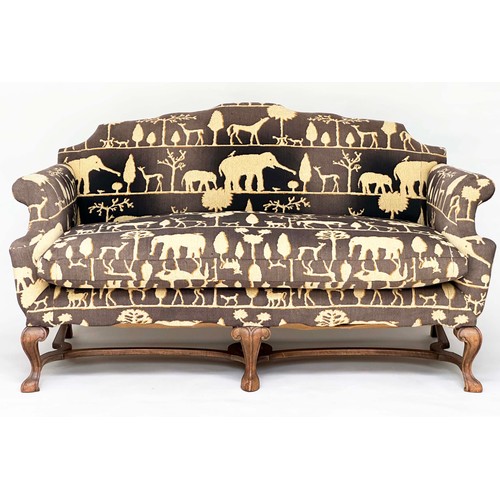 203 - SOFA, 18th century style walnut with Andrew Martin 'Safari' upholstery with hump back and carved sup... 