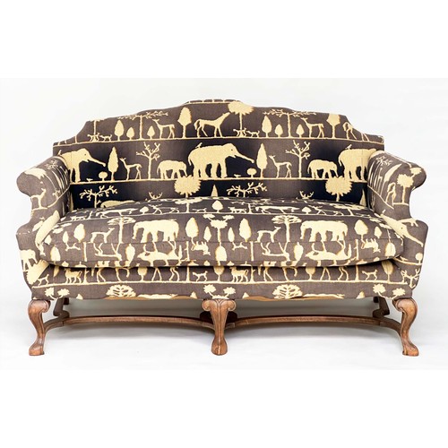 203 - SOFA, 18th century style walnut with Andrew Martin 'Safari' upholstery with hump back and carved sup... 