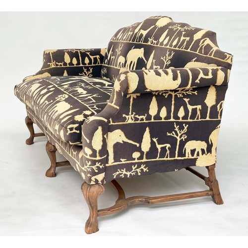 203 - SOFA, 18th century style walnut with Andrew Martin 'Safari' upholstery with hump back and carved sup... 