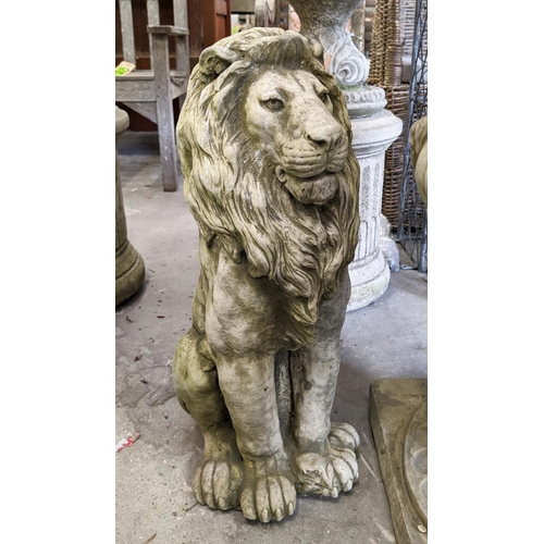 402 - COMPOSITE STONE LIONS, a pair, 58cm H. (2)