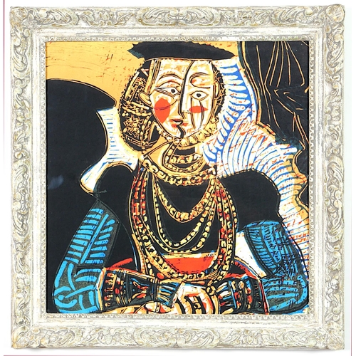 133 - AFTER PABLO PICASSO, Portrait of a woman after Lucas Cranach on silk Vintage French frame 52 x 51 cm... 