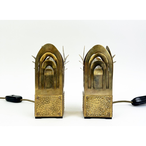 184 - TABLE LAMPS, a pair, 1970s USSR, brass with repousse decorated bases, 19cm H. (2)