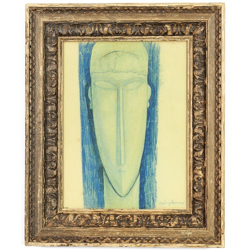 118 - AFTER AMEDEO MODIGLIANI STUDY FOR A SCULPTURE, Head in blue/green Signed in the plate print, Publish... 