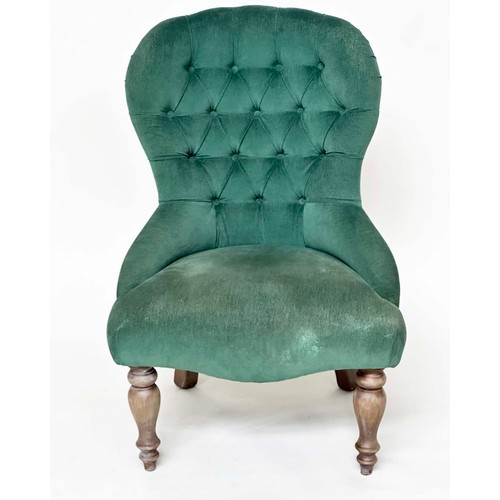 209 - SLIPPER CHAIR, Victorian style moss green velvet deep buttoned upholstered with turned supports, 59c... 