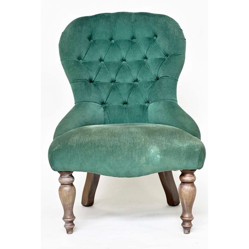 209 - SLIPPER CHAIR, Victorian style moss green velvet deep buttoned upholstered with turned supports, 59c... 