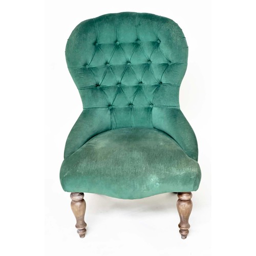 209 - SLIPPER CHAIR, Victorian style moss green velvet deep buttoned upholstered with turned supports, 59c... 