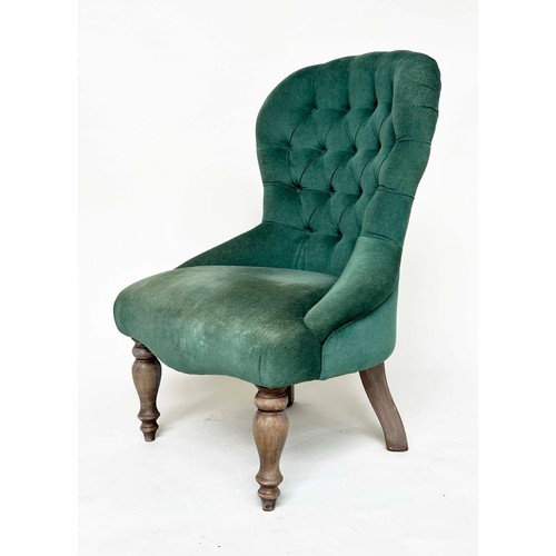 209 - SLIPPER CHAIR, Victorian style moss green velvet deep buttoned upholstered with turned supports, 59c... 