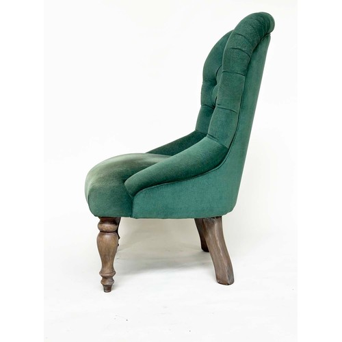 209 - SLIPPER CHAIR, Victorian style moss green velvet deep buttoned upholstered with turned supports, 59c... 