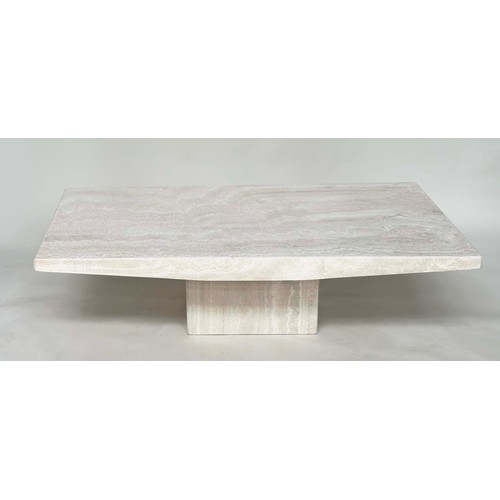 201 - TRAVERTINE MARBLE, rectangular with shaped sides and plinth support, 150cm x 70cm x 40cm H.