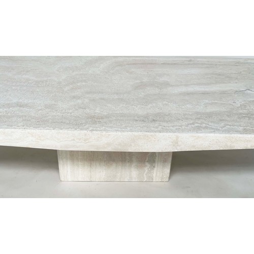 201 - TRAVERTINE MARBLE, rectangular with shaped sides and plinth support, 150cm x 70cm x 40cm H.