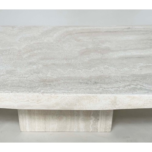 201 - TRAVERTINE MARBLE, rectangular with shaped sides and plinth support, 150cm x 70cm x 40cm H.