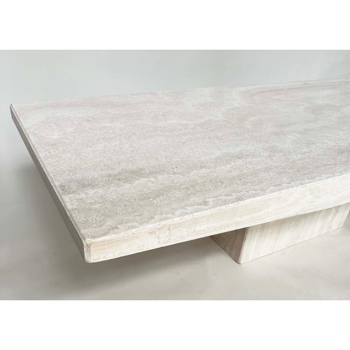 201 - TRAVERTINE MARBLE, rectangular with shaped sides and plinth support, 150cm x 70cm x 40cm H.