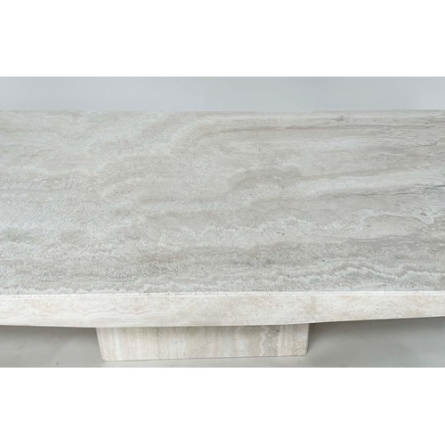 201 - TRAVERTINE MARBLE, rectangular with shaped sides and plinth support, 150cm x 70cm x 40cm H.