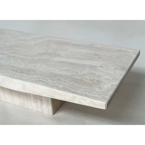 201 - TRAVERTINE MARBLE, rectangular with shaped sides and plinth support, 150cm x 70cm x 40cm H.