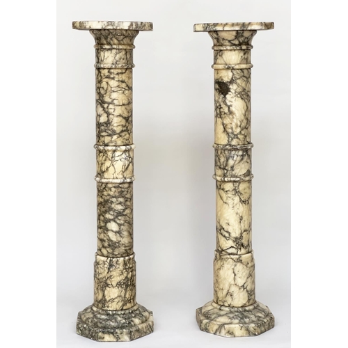 173 - MARBLE COLUMNS, a pair, Italian alabaster marble, richly grey veined of cylindrical classical form w... 