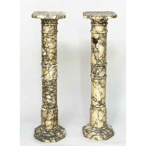 173 - MARBLE COLUMNS, a pair, Italian alabaster marble, richly grey veined of cylindrical classical form w... 