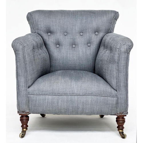 174 - HOWARD AND SONS ARMCHAIR, 19th century with button upholstered back, the back leg stamped 'Howard an... 