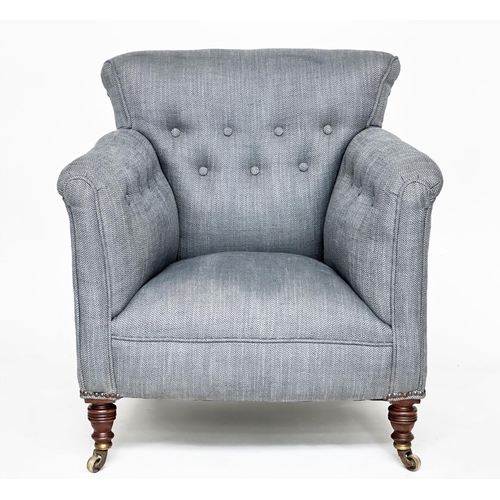 174 - HOWARD AND SONS ARMCHAIR, 19th century with button upholstered back, the back leg stamped 'Howard an... 