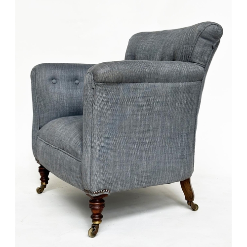 174 - HOWARD AND SONS ARMCHAIR, 19th century with button upholstered back, the back leg stamped 'Howard an... 