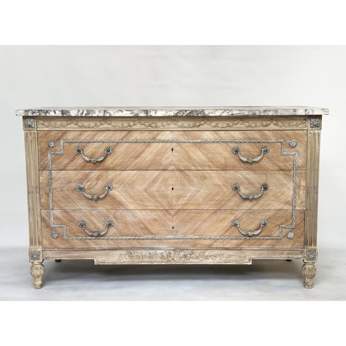 190 - COMMODE, French Louis XVI style, Kingwood and silvered metal mounted with three long drawers and Brè... 