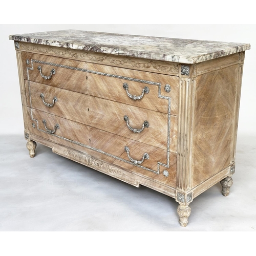 190 - COMMODE, French Louis XVI style, Kingwood and silvered metal mounted with three long drawers and Brè... 