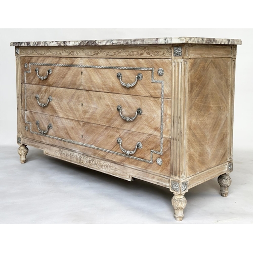 190 - COMMODE, French Louis XVI style, Kingwood and silvered metal mounted with three long drawers and Brè... 