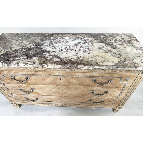 190 - COMMODE, French Louis XVI style, Kingwood and silvered metal mounted with three long drawers and Brè... 