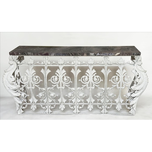 192 - BALUSTRADE CONSOLE TABLE, 19th century French, cast and wrought iron foliate base with rectangular B... 