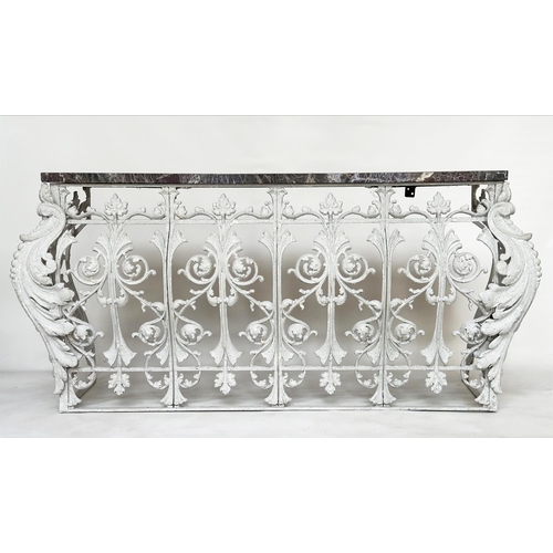 192 - BALUSTRADE CONSOLE TABLE, 19th century French, cast and wrought iron foliate base with rectangular B... 