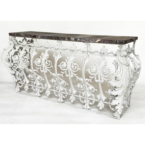 192 - BALUSTRADE CONSOLE TABLE, 19th century French, cast and wrought iron foliate base with rectangular B... 