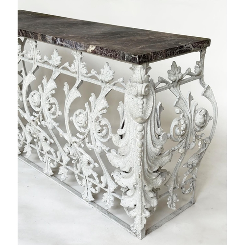 192 - BALUSTRADE CONSOLE TABLE, 19th century French, cast and wrought iron foliate base with rectangular B... 