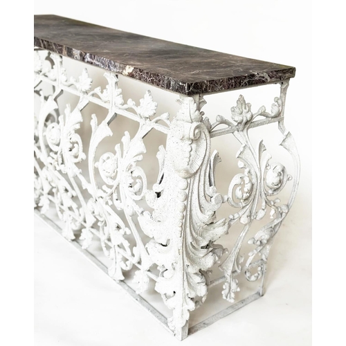 192 - BALUSTRADE CONSOLE TABLE, 19th century French, cast and wrought iron foliate base with rectangular B... 