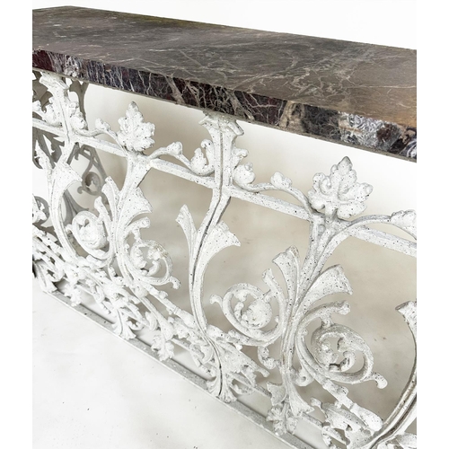 192 - BALUSTRADE CONSOLE TABLE, 19th century French, cast and wrought iron foliate base with rectangular B... 