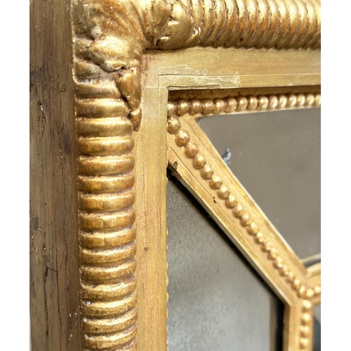 194 - WALL MIRROR, George III design giltwood and gesso rectangular beaded frame with marginal plates, 123... 