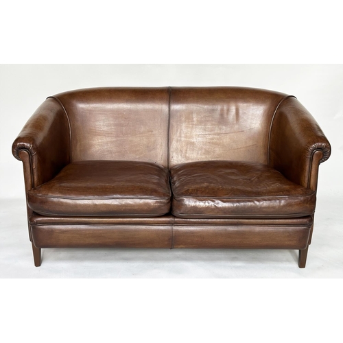 200 - ART DECO SOFA, first half 20th century, natural brown hand finished tan leather with scroll arms and... 