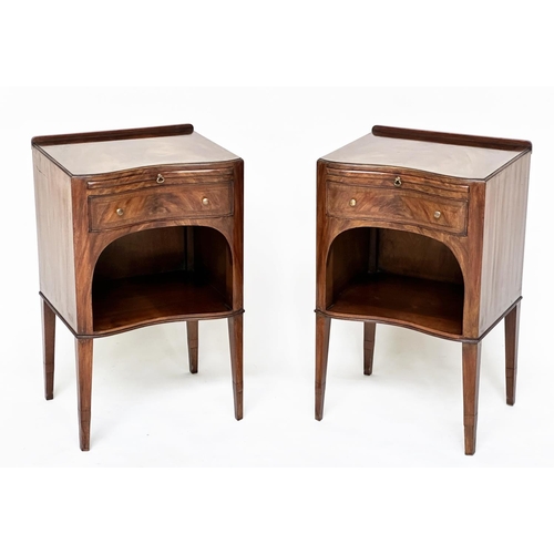 204 - LAMP TABLES, a pair, George III design flame mahogany each with slide, drawer and arched compartment... 